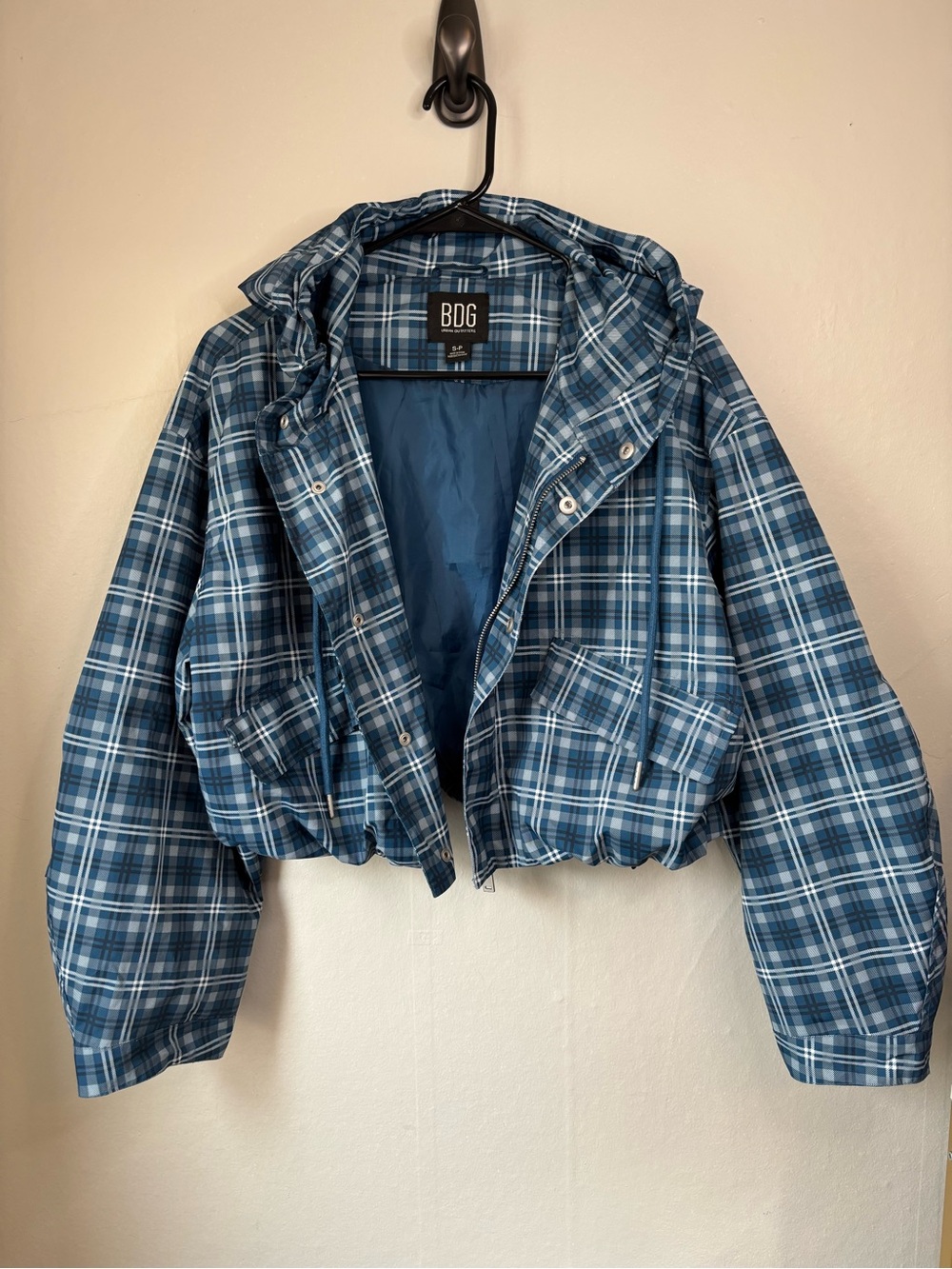 BDG Blue Plaid Hooded Cropped Jacket